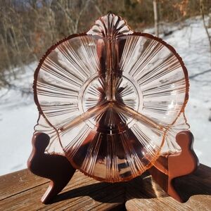 Vintage Hazel Atlas #572 Ridge Fan Pink Divided Relish Dish 1930's